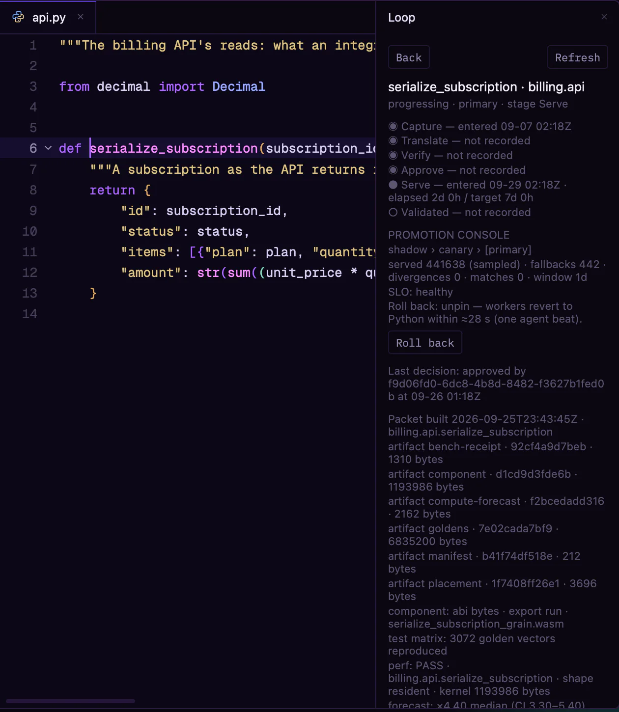 Workbench: a translated kernel serving as the primary, its promotion console beside the code it replaced