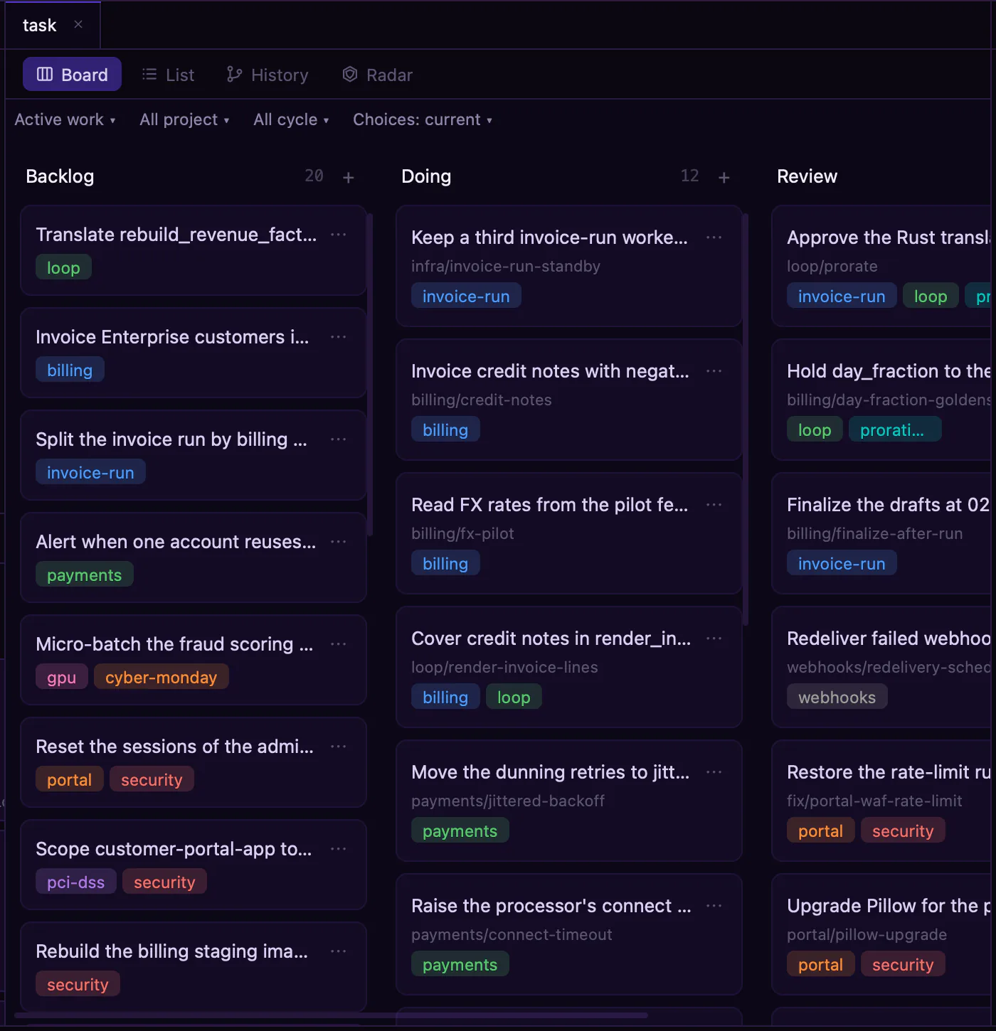 Workbench: the team's tasks on the ledger, from backlog to review