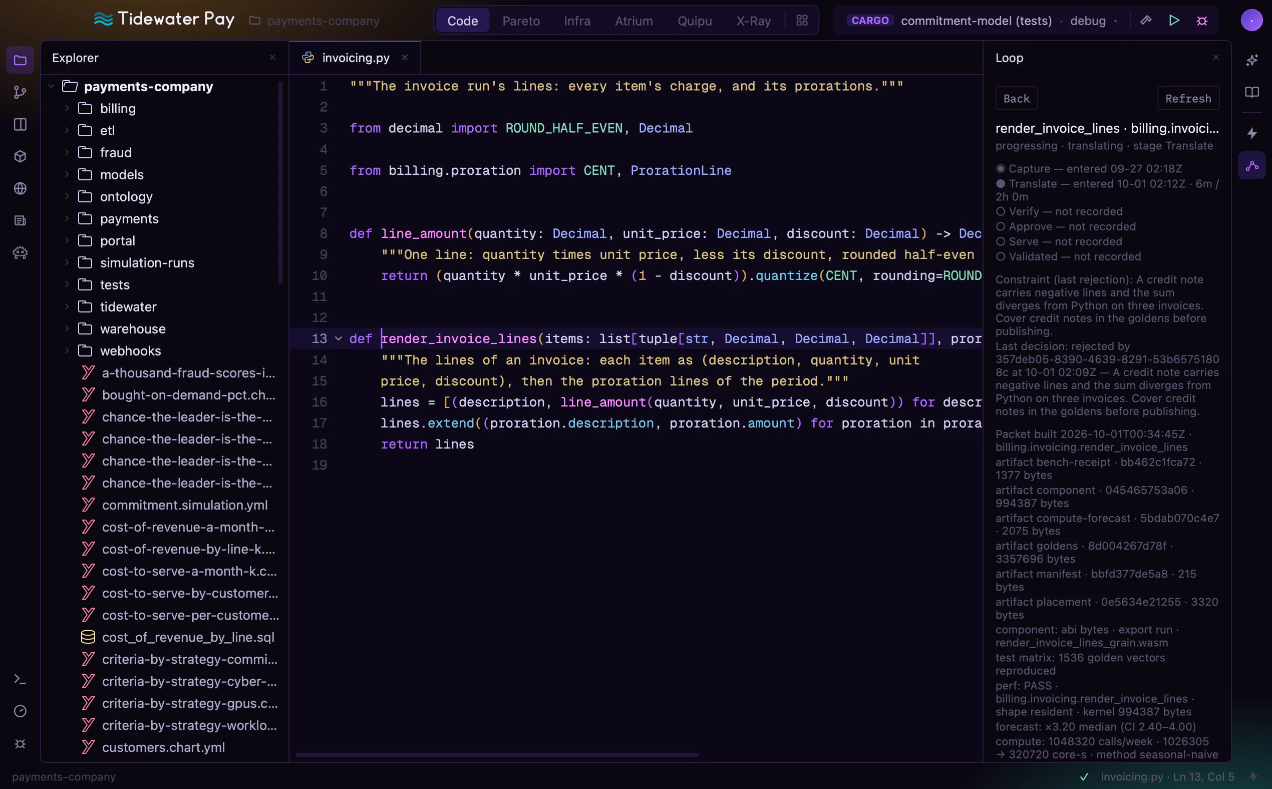 Workbench: a function being translated, the Loop's record of the translation beside the code